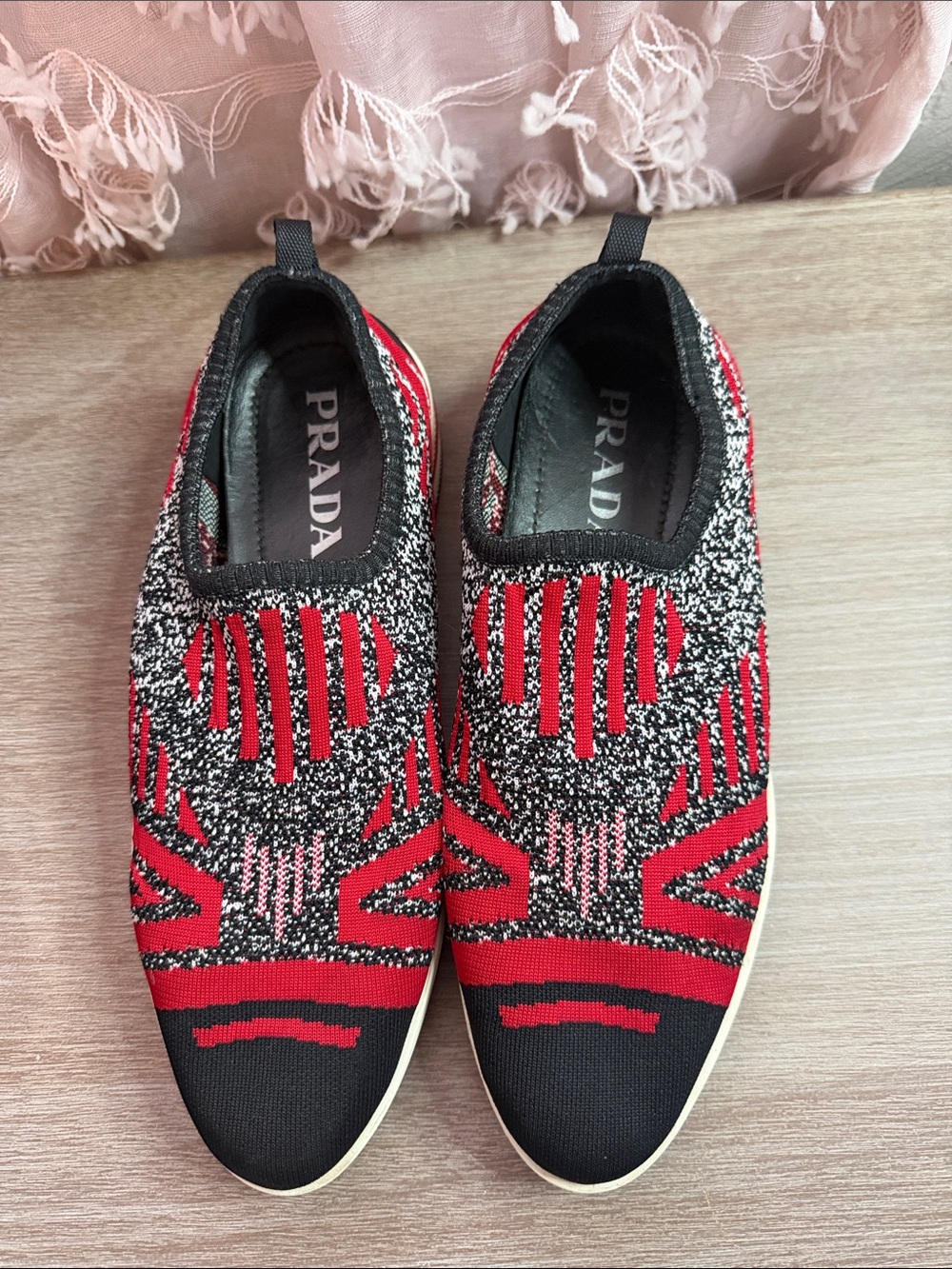 Prada Black & Red Knit Slip-On Sneakers
